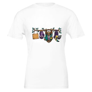 White t-shirt with the Canopy Committee sloth print
