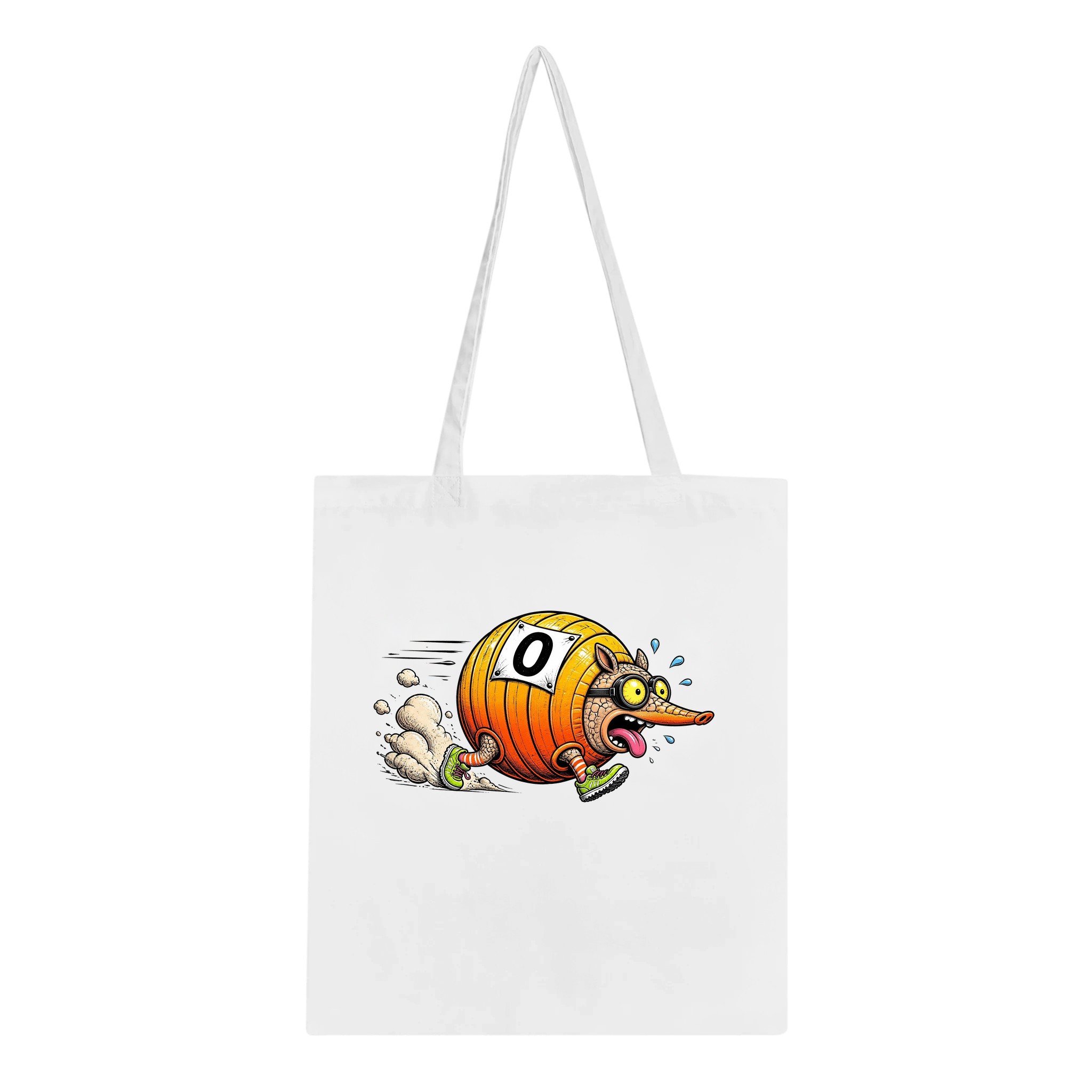 White tote bag with the Retread Rex armadillo print